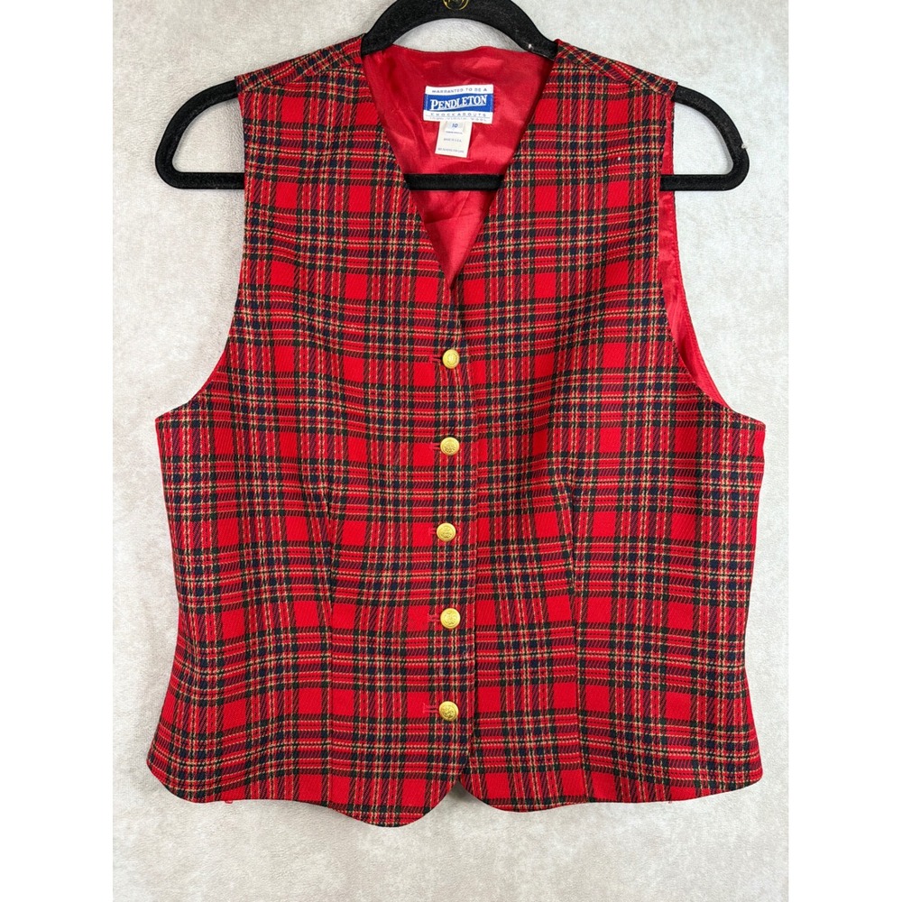 VTG Pendleton Knockabouts Vest Womens 10 Red Tartan Plaid 100% Virgin Wool USA